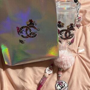 Pink Pom Pom Keychain, Matching Pen, Acrylic Dome Cup with Charm & Bag.